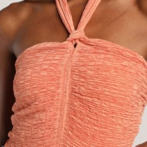 Light Orange Smocked Knotted Halter Bodysuit